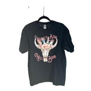 Womens Country Screenprint Tee Floral Cow Skull Whiskey Bent Western Shirt | M